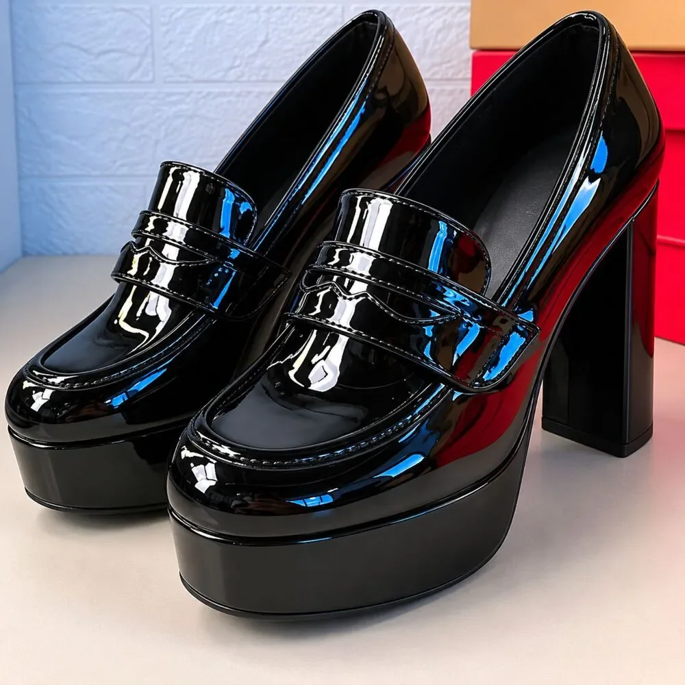 Black Patent Leather Platform Block Heel Penny Loafers Women Size 6.5 Y2K